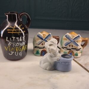 Little Brown Vinegar Jug with Windmill S&P and Dog Figurine